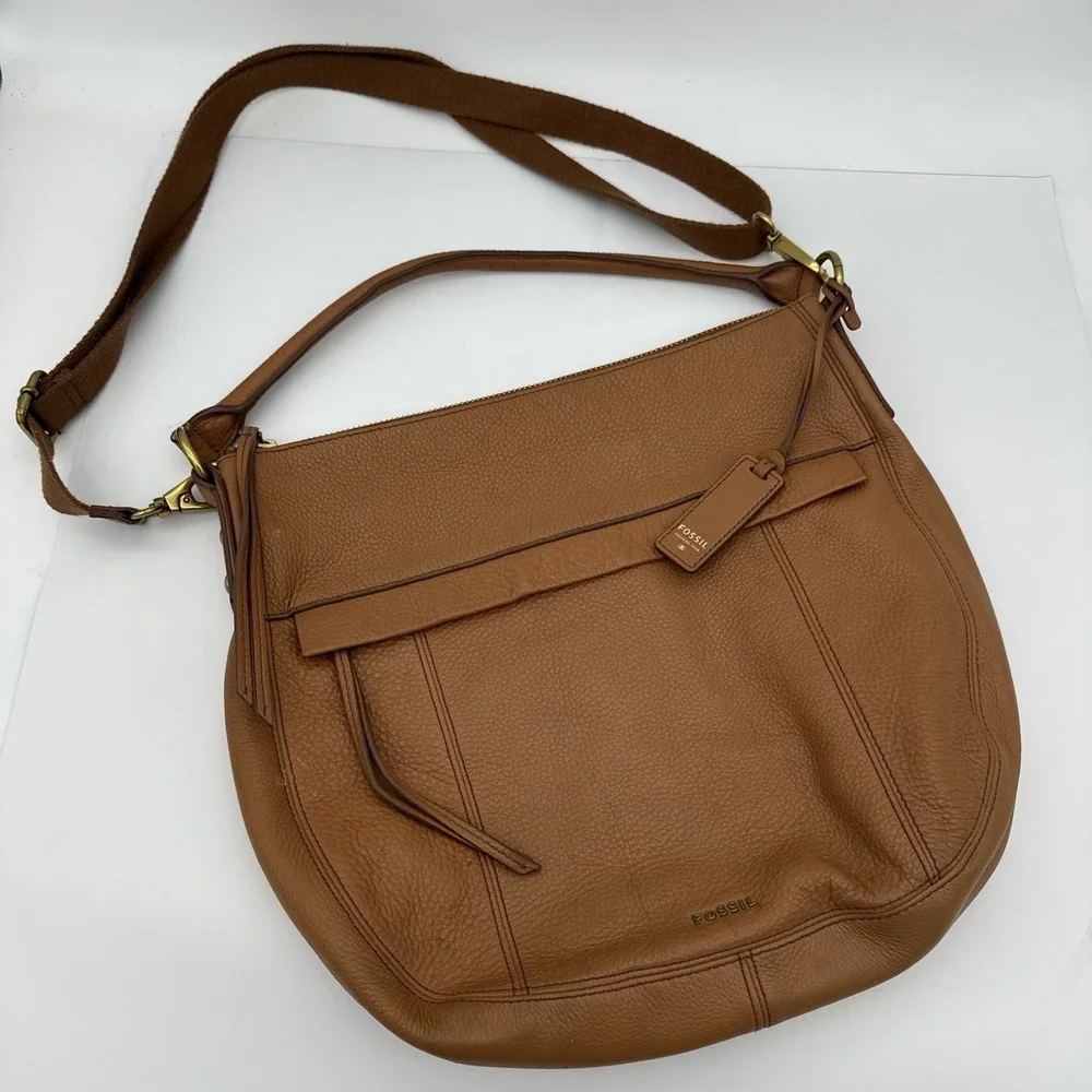 Fossil Genuine Leather Pebbled Brown Cognac Hobo Shoulder  Crossbody Bag 15x13